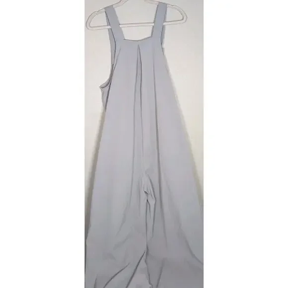 Women's Palazzo Overall Jumpsuit Romper L Beige Tan Neutral Color Big Bib Pocket - Picture 4 of 11